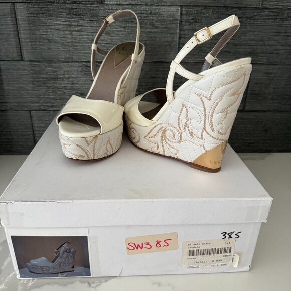 Versace White Patent Leather Quilted Wedge Platform Sandals Size 38.5 - Picture 3 of 14